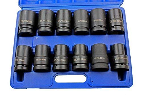 US Pro 12 Piece 1 inch Drive Single Hex Deep Impact Socket Set B2096