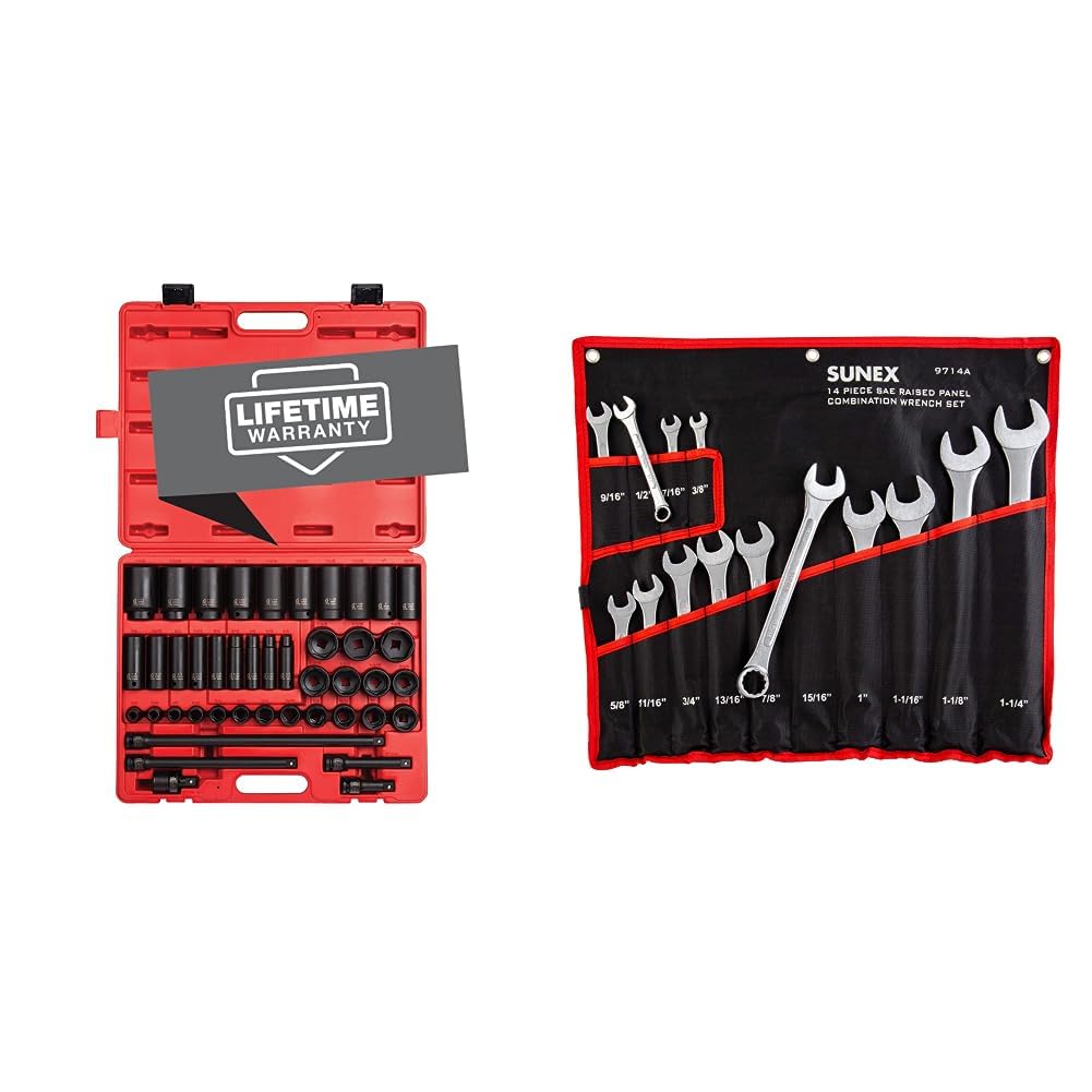 Sunex 2568, 1/2 Inch Drive Master Impact Socket Set, 43-Piece & SAE Combination Wrench Set, 14 Piece