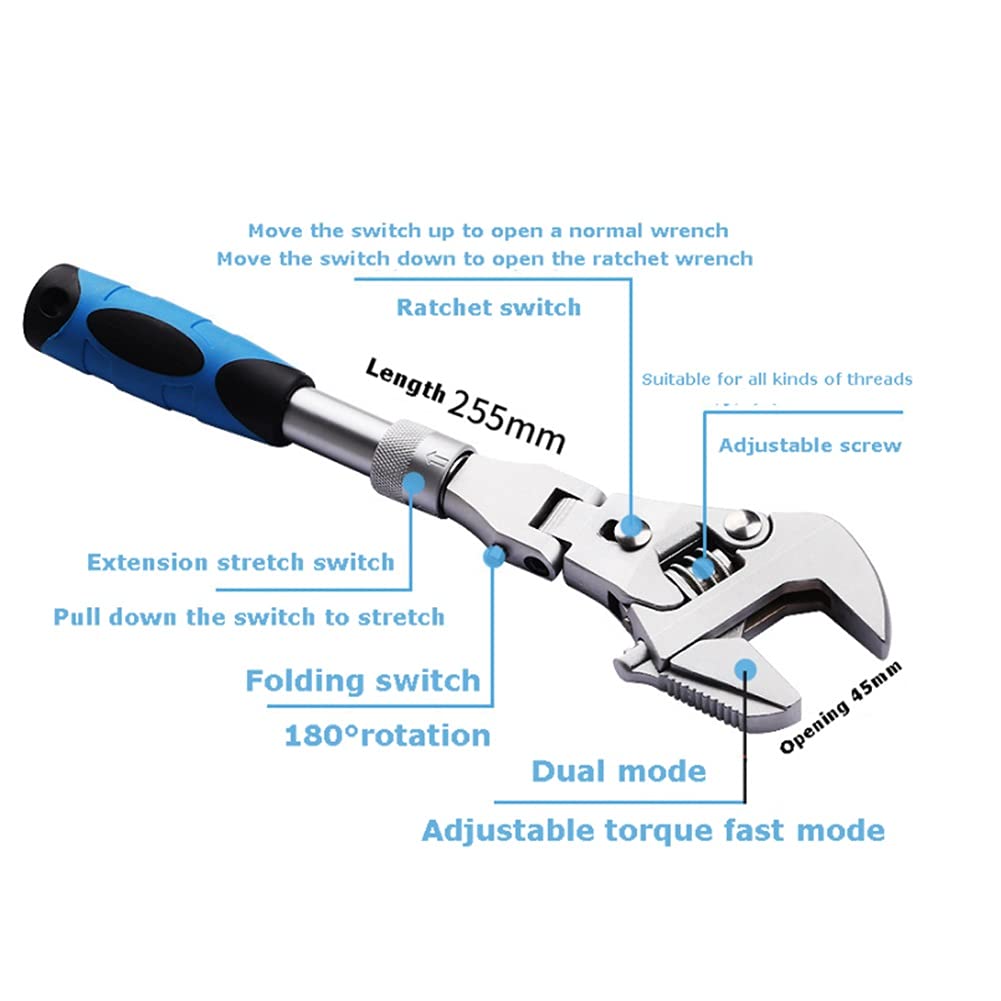 10-inch Ratchet Adjustable Wrench 5-in-1 Torque Wrench, Can Rotate and Fold 180 Degrees Pipe Telescopic Wrench Repair Tool