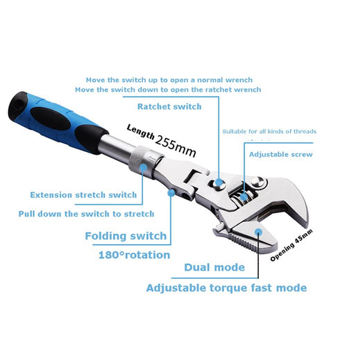 10-inch Ratchet Adjustable Wrench 5-in-1 Torque Wrench, Can Rotate and Fold 180 Degrees Pipe Telescopic Wrench Repair Tool