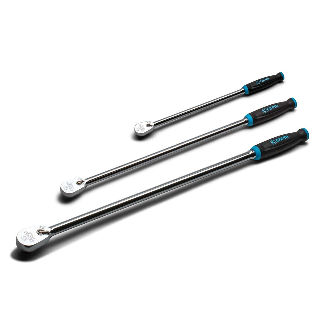 Capri Tools Fine 90-Tooth Extra Long Ratchet Set, 3-Piece and 45-Piece 3/8 in. Drive Shallow, Semi-Deep and Deep Impact Socket Set, Metric, 8 to 22 mm