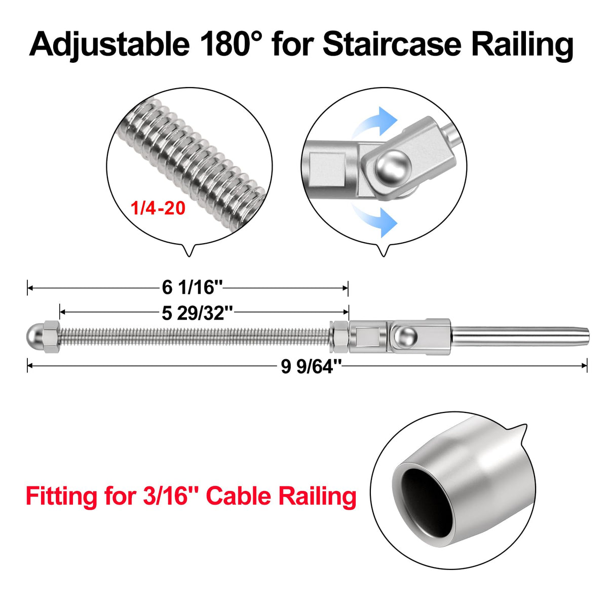 BLIKA 300FT 3/16" Stainless Steel Cable,10 Ton Hydraulic Crimping Tool with Cable Cutter and 20 Pack 3/16" 180 Degree Adjustable Angle Swage Threaded Stud Tension E