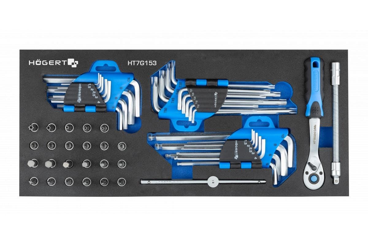 Högert Technik: Tool Set, Hex Wrench, Tool Cabinet Insert with a Set of Hexagon Socket and Socket Spanner with 1/4 Inch Accessories