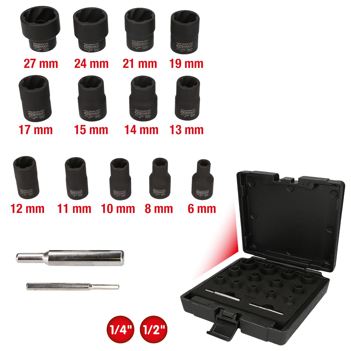 SK Hand Tool 4042146225349 1/4"+1/2" Spiral Profile Impact Socket Set, 15 Piece, Clear