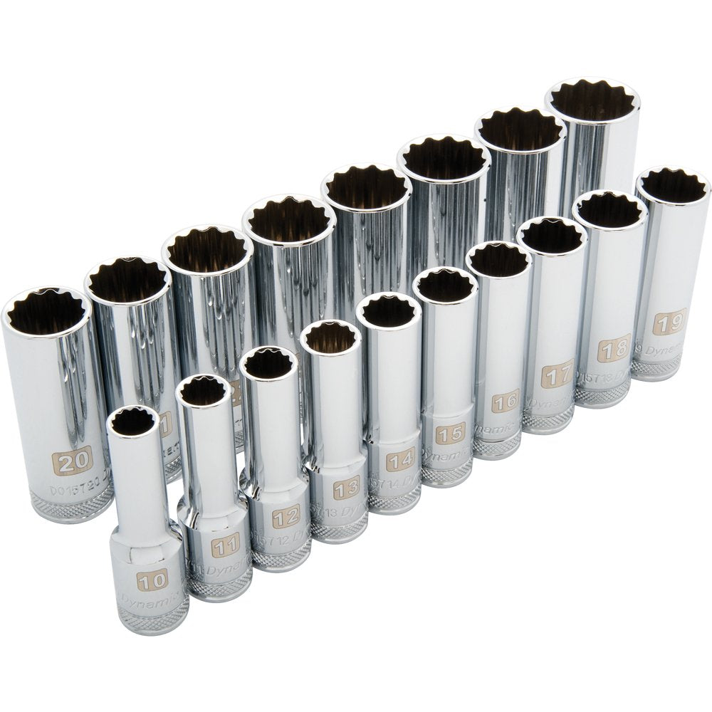 Dynamic Tools 1/2" Drive 18 Piece 12 Point Deep, Metric Socket Set, 10mm - 27mm