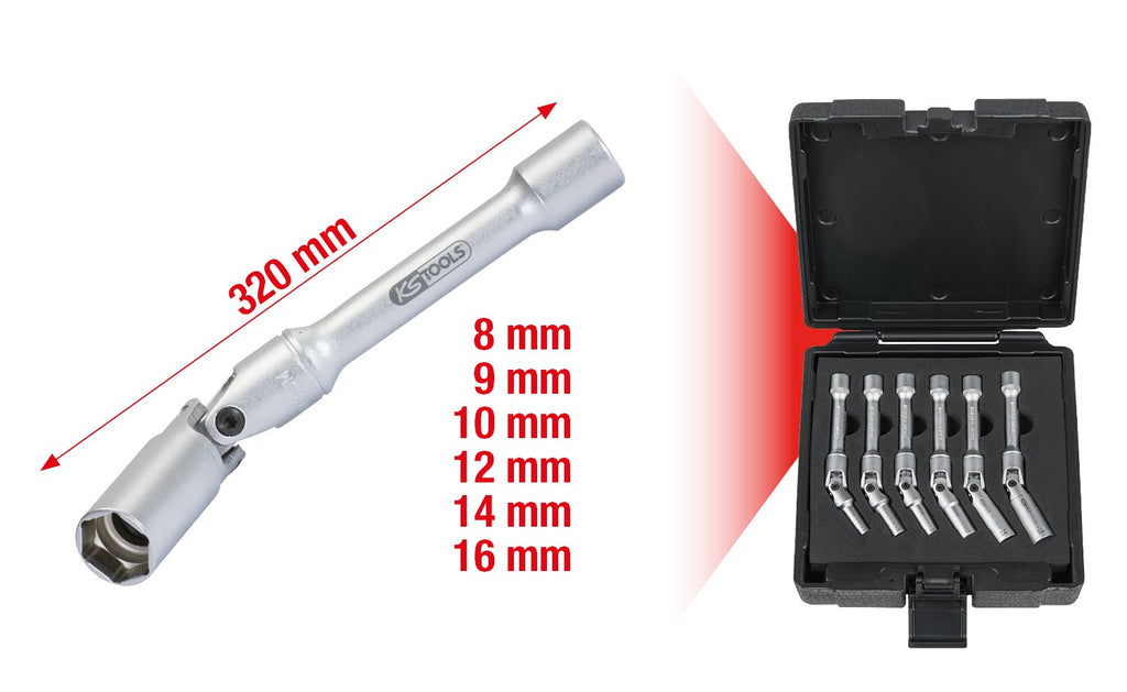 Glow plug swivel wrench set, long, 6 pcs, 3/8"