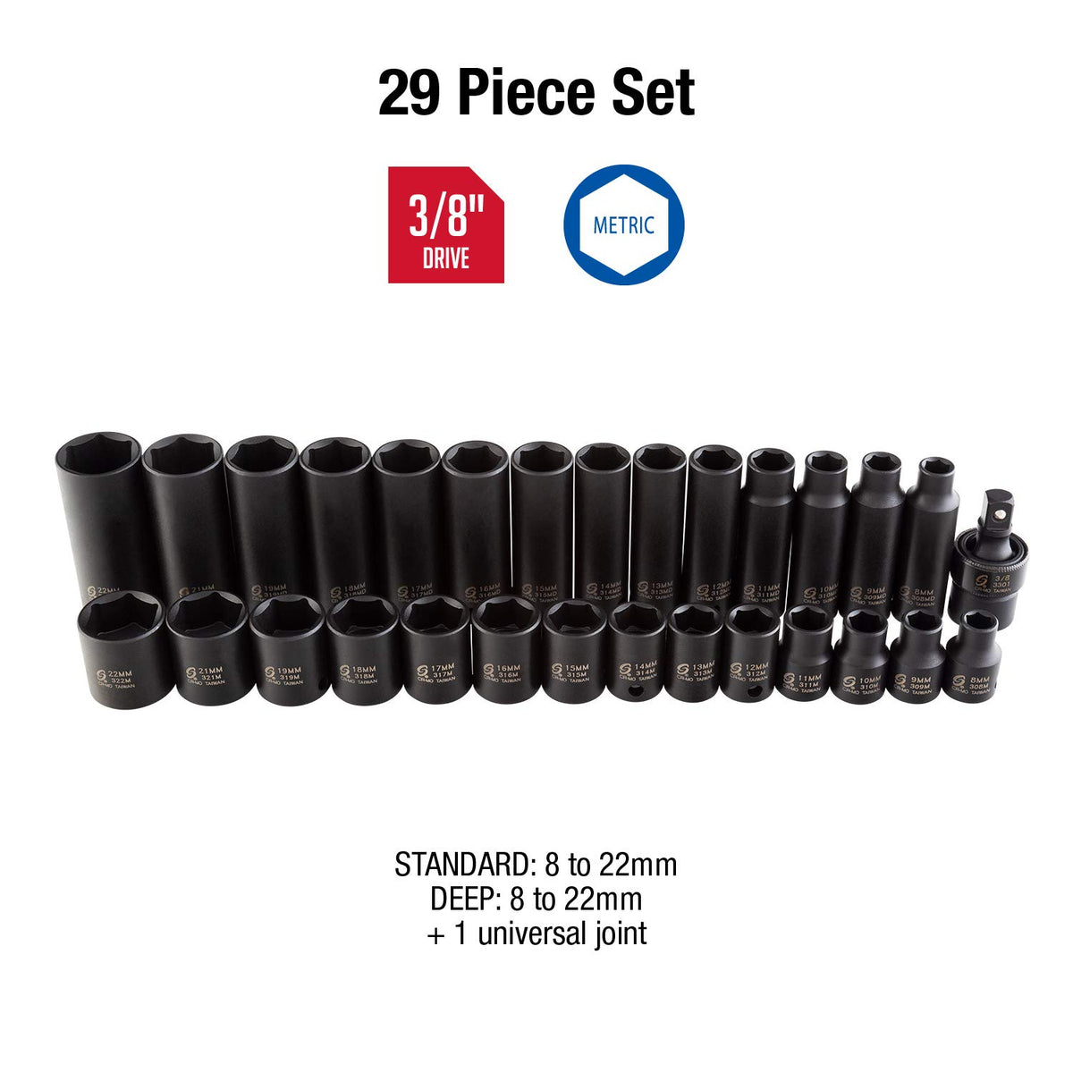 Sunex 2669, 1/2 Inch Drive Master Impact Socket Set, 39-Piece & 3329 3/8-Inch Drive Standard and Deep Metric Impact Socket Set, Metric, Standard/Deep, 6-Point, Cr-Mo, 8mm - 22mm, 29-Piece