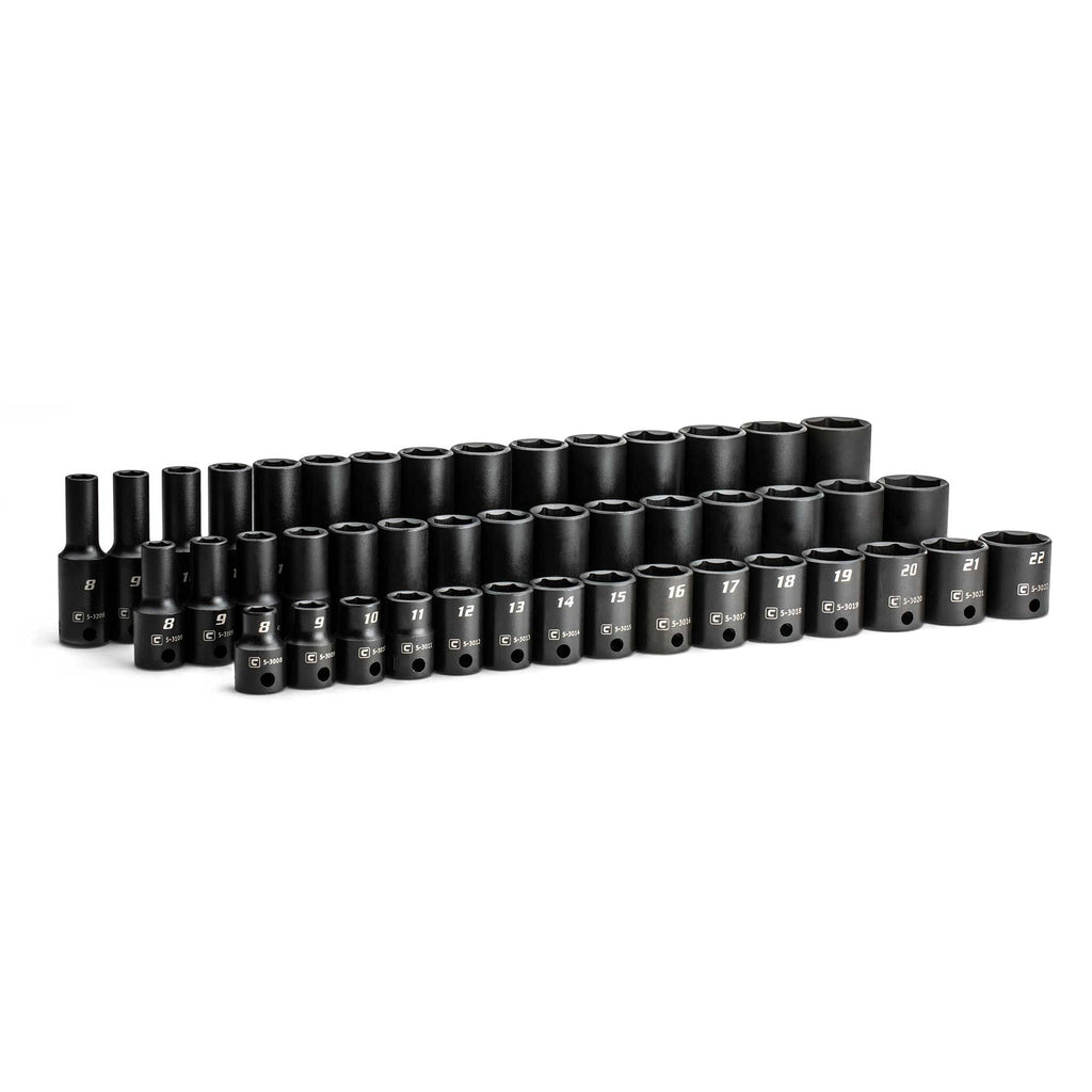 Capri Tools Fine 90-Tooth Extra Long Ratchet Set, 3-Piece and 45-Piece 3/8 in. Drive Shallow, Semi-Deep and Deep Impact Socket Set, Metric, 8 to 22 mm