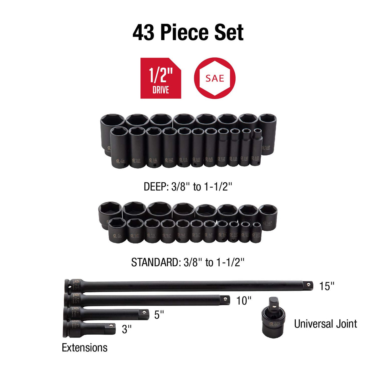 Sunex 2568, 1/2 Inch Drive Master Impact Socket Set, 43-Piece & SAE Combination Wrench Set, 14 Piece