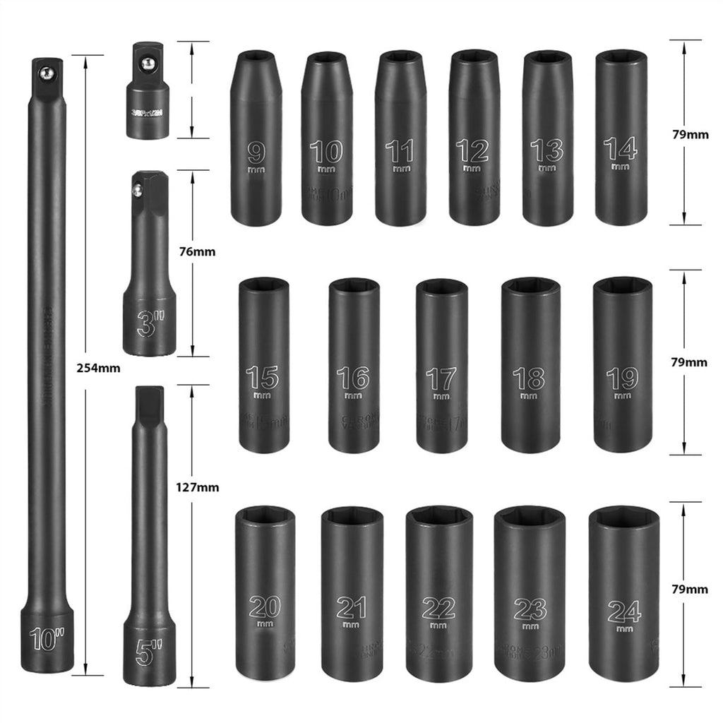 20pcs 1/2inch Drive Metric Impact Socket Set Universal Socket Metric Drive Deep Socket Set Wrench for Air Pneumatic Repair Tools