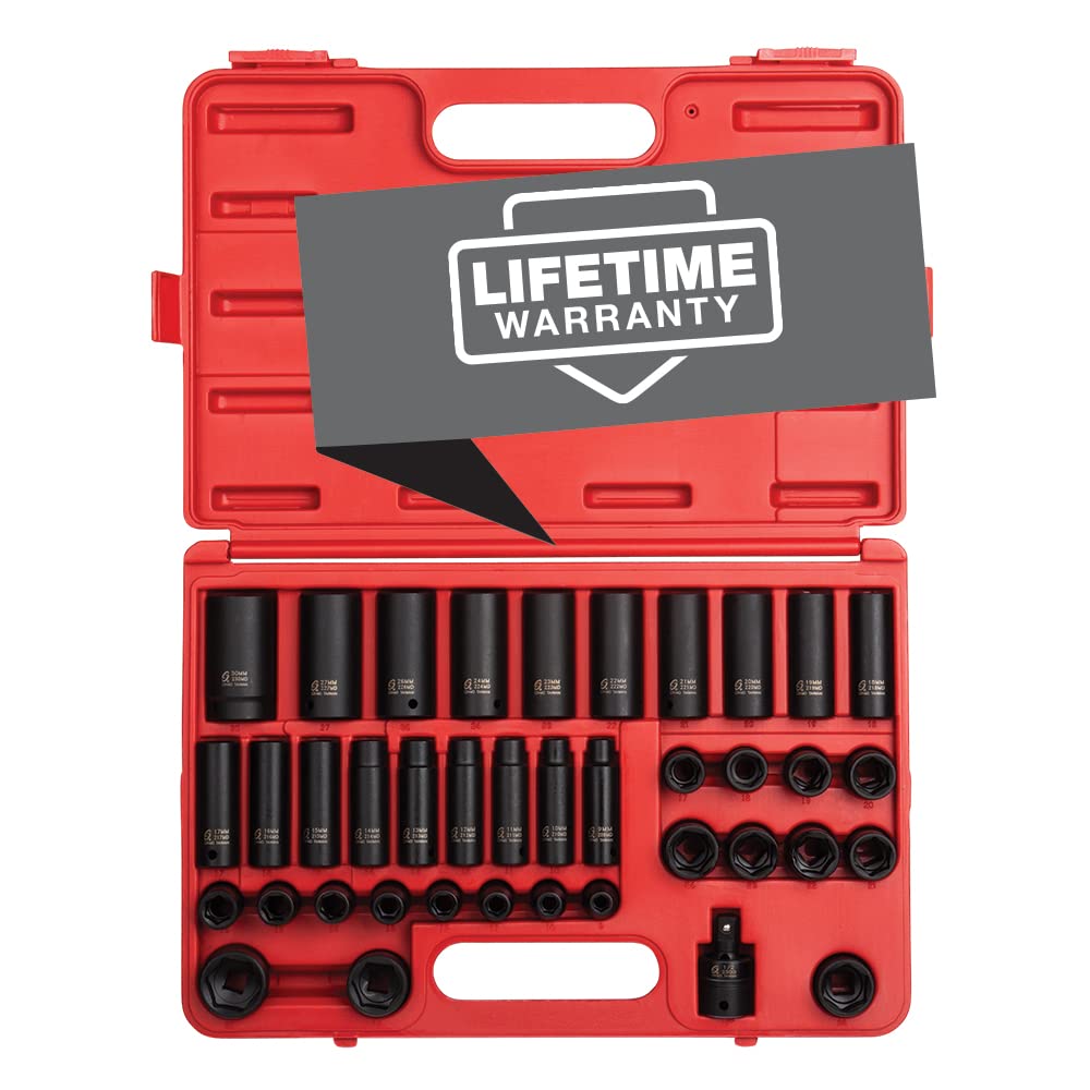 Sunex 2669, 1/2 Inch Drive Master Impact Socket Set, 39-Piece & 3329 3/8-Inch Drive Standard and Deep Metric Impact Socket Set, Metric, Standard/Deep, 6-Point, Cr-Mo, 8mm - 22mm, 29-Piece
