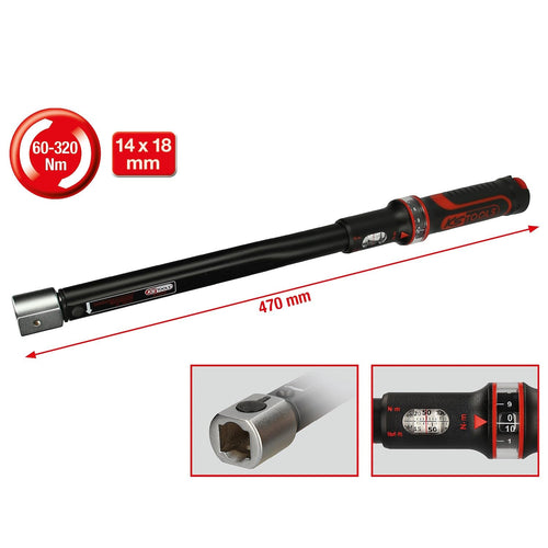 14x18mm ERGOTORQUEprecision fine adjustment torque wrench with retangular tool holder, 60-320Nm