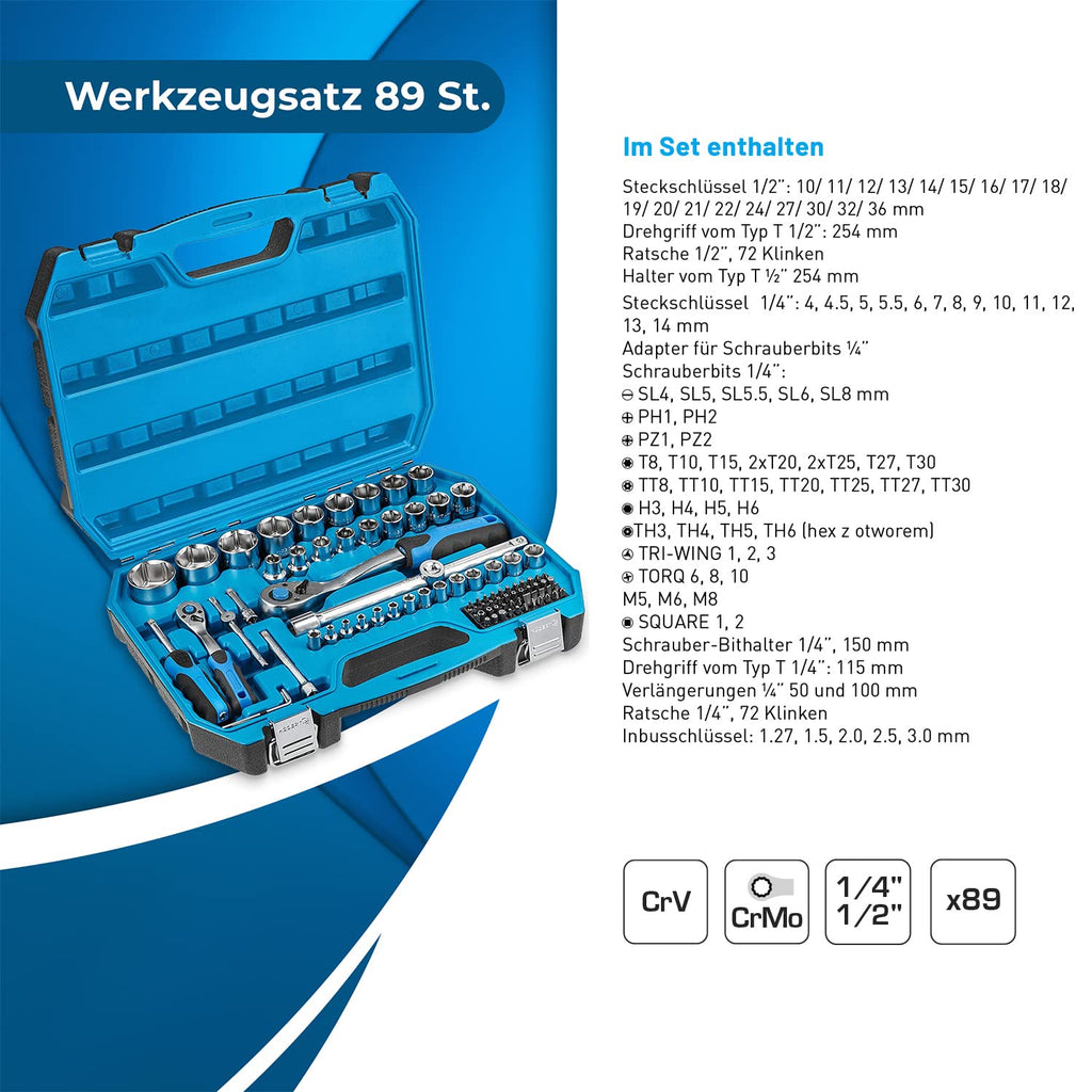 Högert Technik - Tool Set I Socket Spanners, Bits and Accessories I 1/4 Inch and 1/2 Inch I Alloy Cr-V Steel I Drop Forged I Ratchet Mechanism with 72 Pawls I HT1R424-89 Pieces