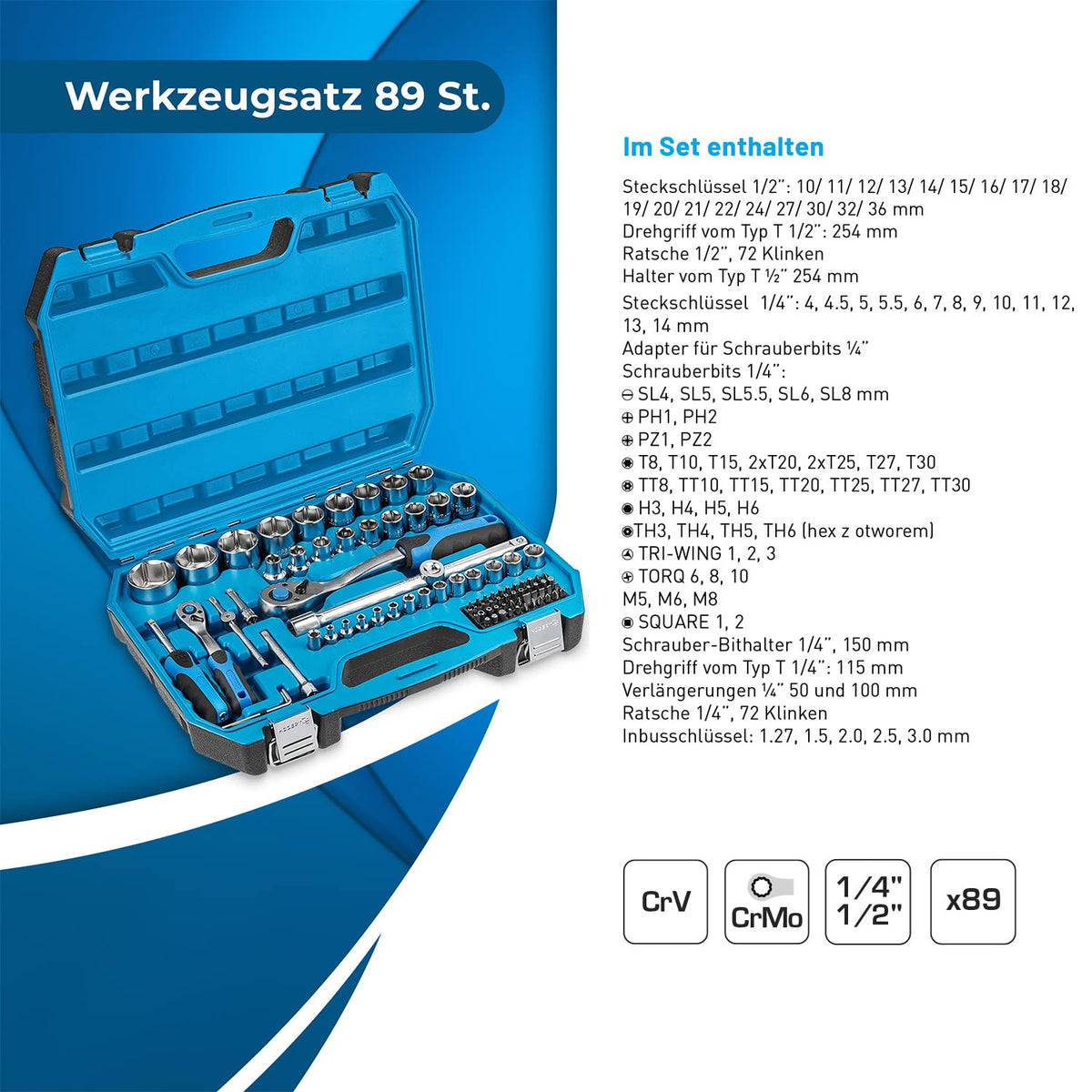 Högert Technik - Tool Set I Socket Spanners, Bits and Accessories I 1/4 Inch and 1/2 Inch I Alloy Cr-V Steel I Drop Forged I Ratchet Mechanism with 72 Pawls I HT1R424-89 Pieces