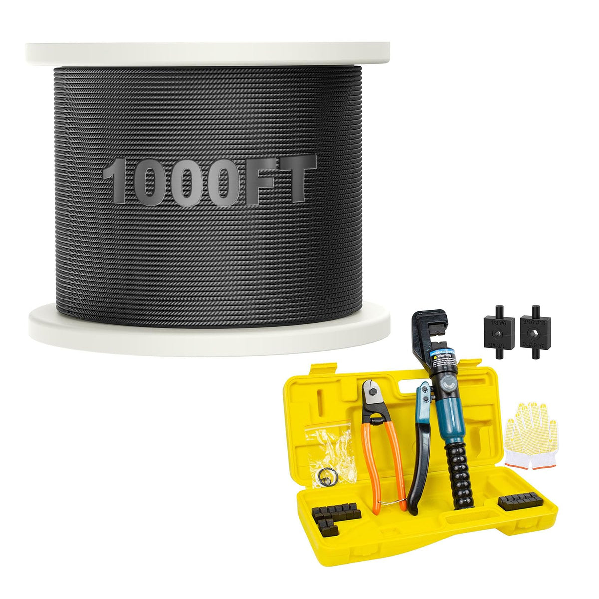 BLIKA 1000FT 1/8" Black Deck Railing Cable and 10 Ton Hydraulic Crimping Tool Kit With Cable Cutter
