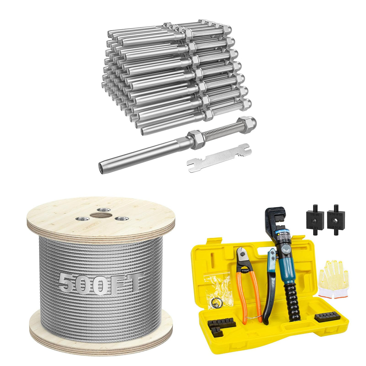BLIKA 500FT 304 Stainless Steel Cable,50 Pack 3/16" Cable Railing Swage Threaded Stud Tension End Fitting Terminal and 10 Ton Hydraulic Crimping Tool With Cable Cutter