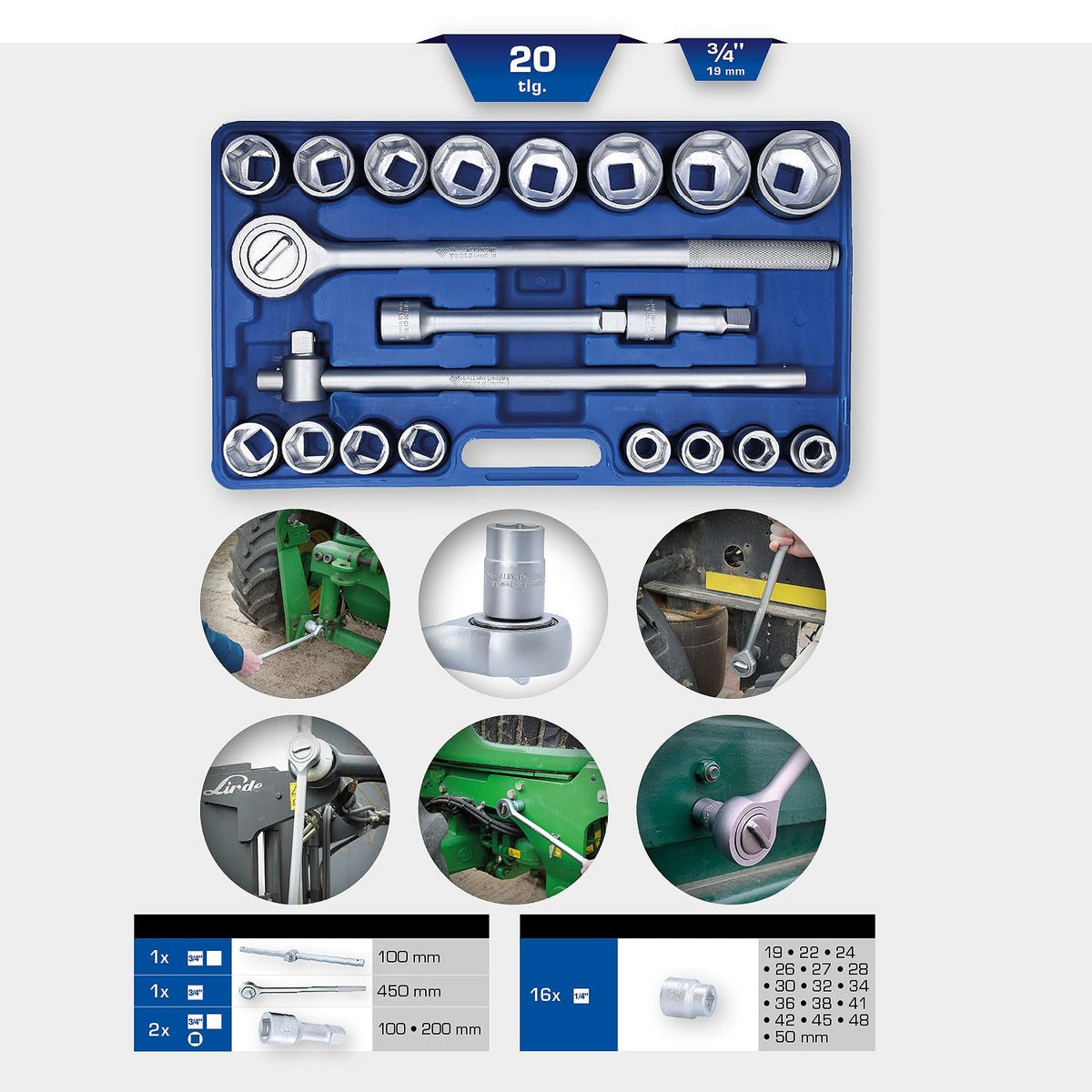 BRILLIANT TOOLS 3/4 Inch Socket Spanner Set, 20-Piece [Powered by KS Tools]