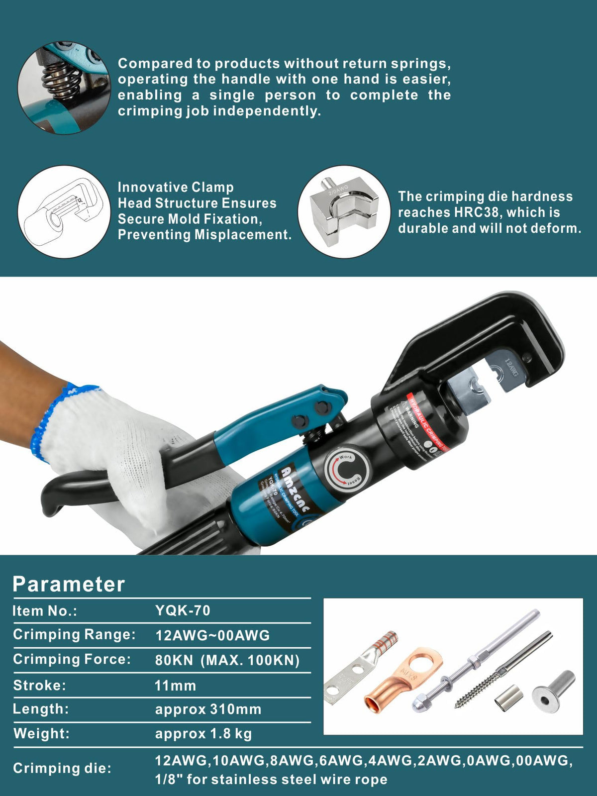 Electric Hydraulic Cable Lug Crimping Tool, 12 AWG to 2/0 AWG Terminal, Cable, Wire Electric Crimper Tool Kit, Battery Crimp Tool Kits with 20 Dies(12AWG~00AWG) and Spare tools
