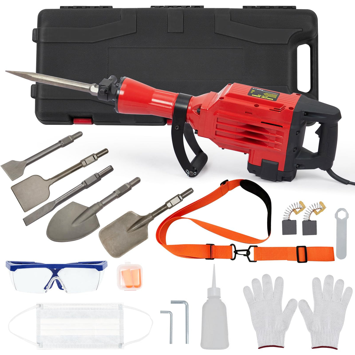 3600W Electric Jack Hammer Demolition Tool Kit, Heavy-Duty Concrete Breaker, Quick Chuck Assembly, 6-Piece Set, and Tool Case