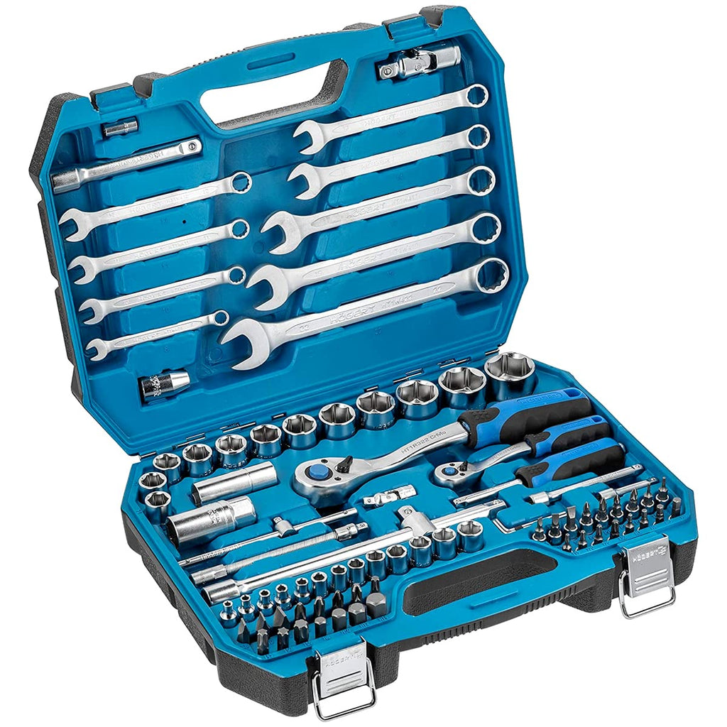Högert Technik - Tool Set I Socket Spanners, Bits and Accessories I 1/4 Inch and 1/2 Inch I Alloy Cr-V Steel I Drop Forged I Ratchet Mechanism with 72 Pawls I HT1R424-89 Pieces
