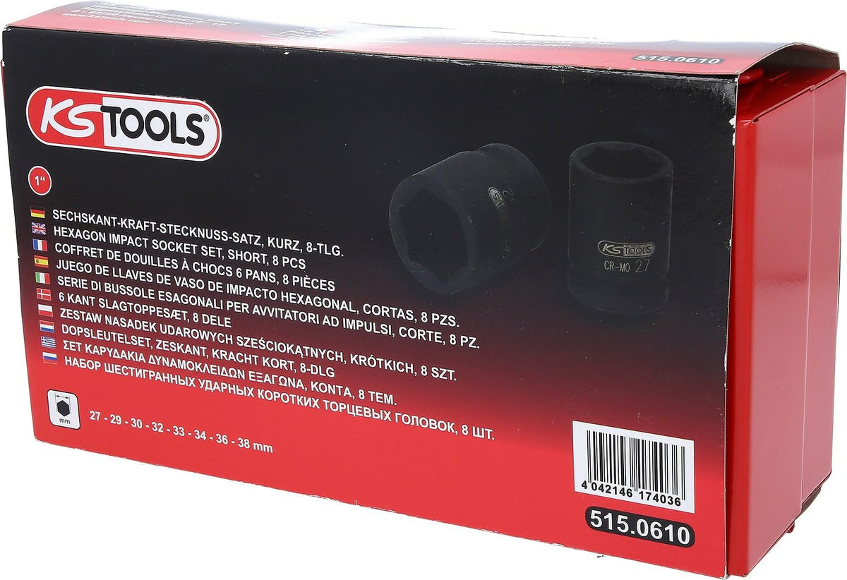 1" Hexagon impact socket set, short, 8 pcs