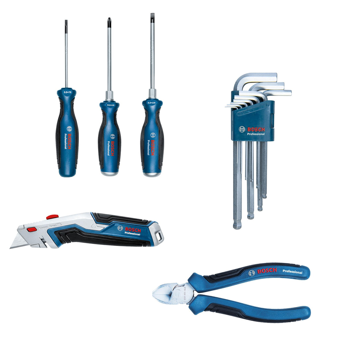 Bosch Professional Combo Kit Toolbelt and Hand Tools Set (incl. 1x Belt 108, 1x GWT 2, 1x GWT 4, 2x ProClick Holder, 3x Screwdrivers, Hex Key Set 9 pc., 1x Diagonal Side Cutter, 1x knife)