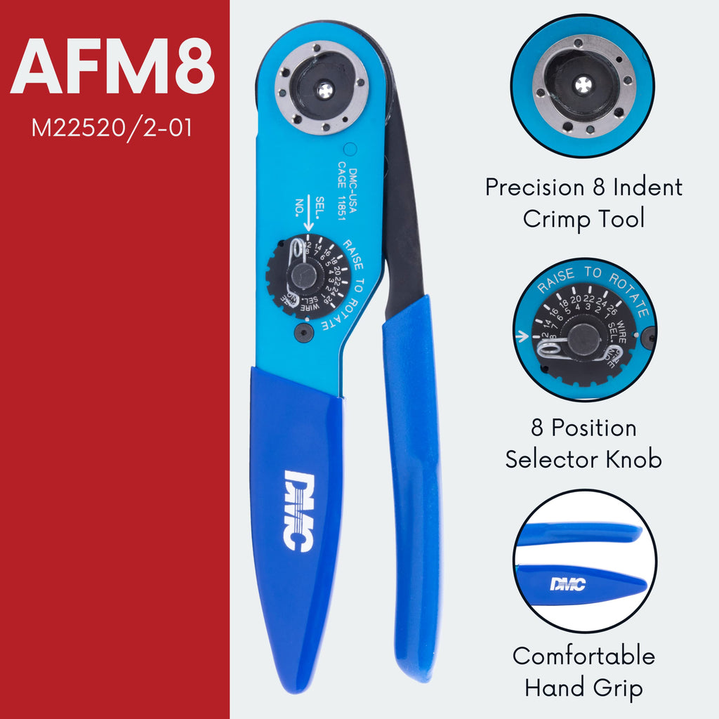 DMC AF8 Crimp Tool, 8 Indent Crimp, Qualified to M22520/1-01, Wire Range 12-26 AWG
