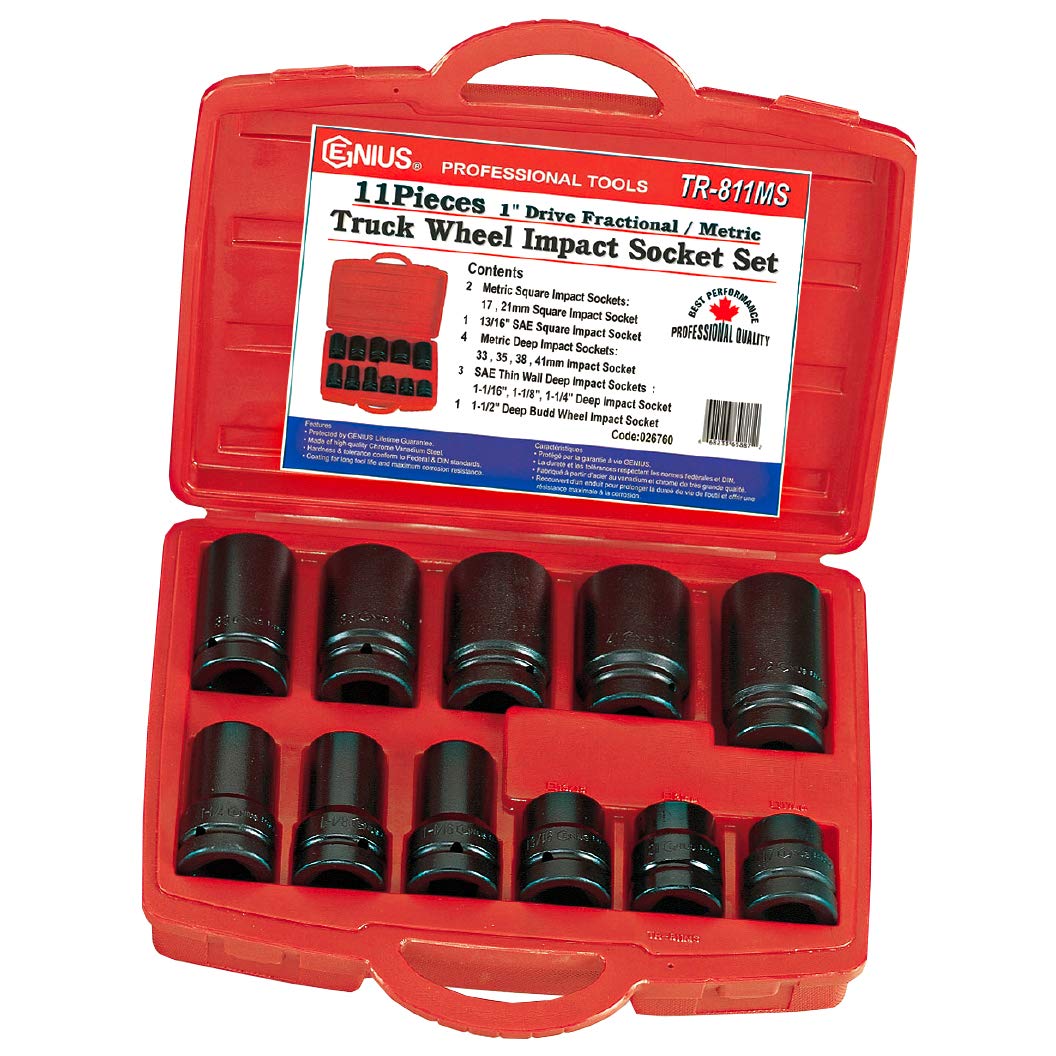 Genius Tools 11PC 1" Dr. Metric & SAE Truck Wheel Impact Socket Set (CR-Mo) - TR-811MS