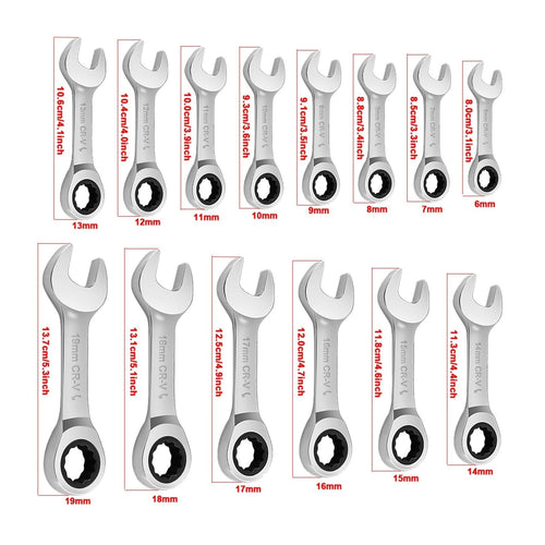 14Pcs Stubby Metric Combination Spanner Set 6-19mm 12 Point Repair Tool