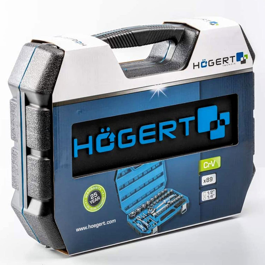 Högert Technik - Tool Set I Socket Spanners, Bits and Accessories I 1/4 Inch and 1/2 Inch I Alloy Cr-V Steel I Drop Forged I Ratchet Mechanism with 72 Pawls I HT1R424-89 Pieces