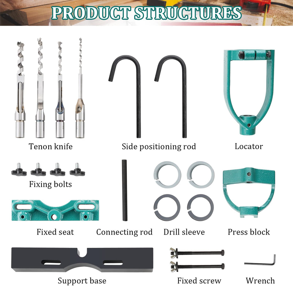 YUCHENGTECH Bench Drill Locator Set Woodworking Bench Mortiser Square Hole Chisel Drilling Machine Mortising Bench Drill Tool for Mortising Chisels with 4 Bits Steel