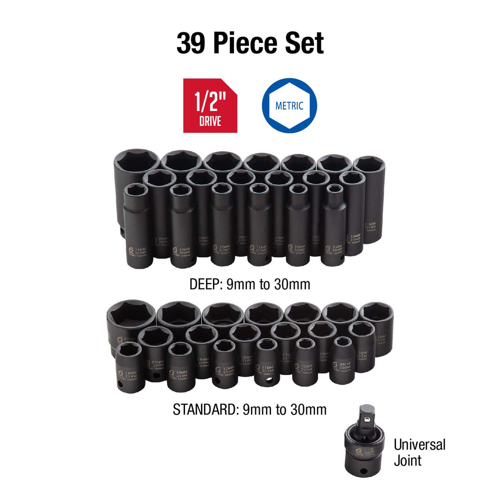 Sunex 2669, 1/2 Inch Drive Master Impact Socket Set, 39-Piece & 3329 3/8-Inch Drive Standard and Deep Metric Impact Socket Set, Metric, Standard/Deep, 6-Point, Cr-Mo, 8mm - 22mm, 29-Piece
