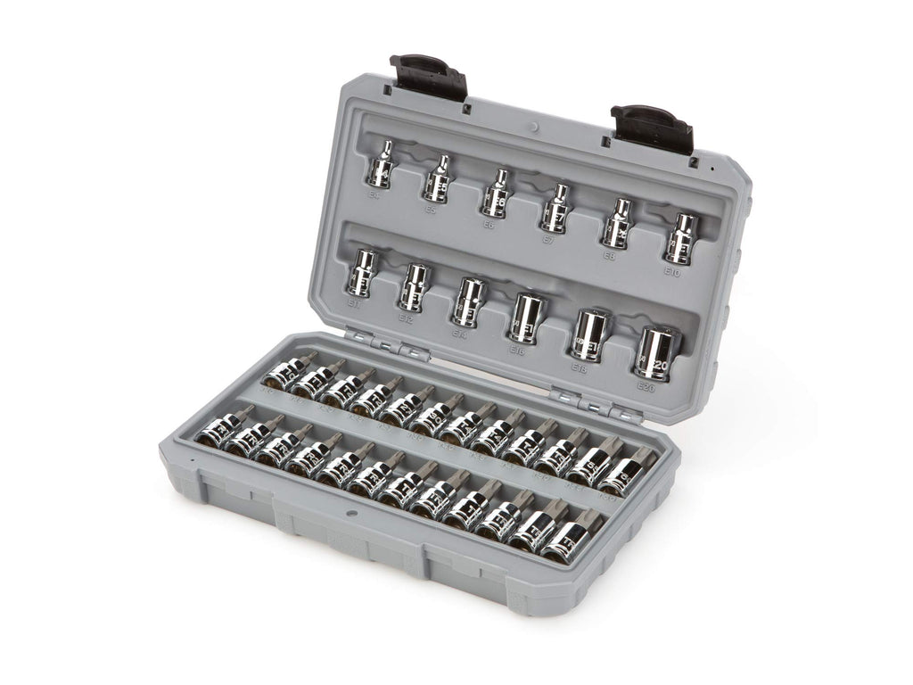 TEKTON 3/8 Inch Drive Hex Bit Socket Set, 38-Piece (1/8-3/8 in., 3-10 mm) | SHB91316 & 3/8 Inch Drive Torx/TR Torx Bit & External Star Socket Set, 36-Piece (T10-T60, TR10-TR60, E4-E20) | SKT15402