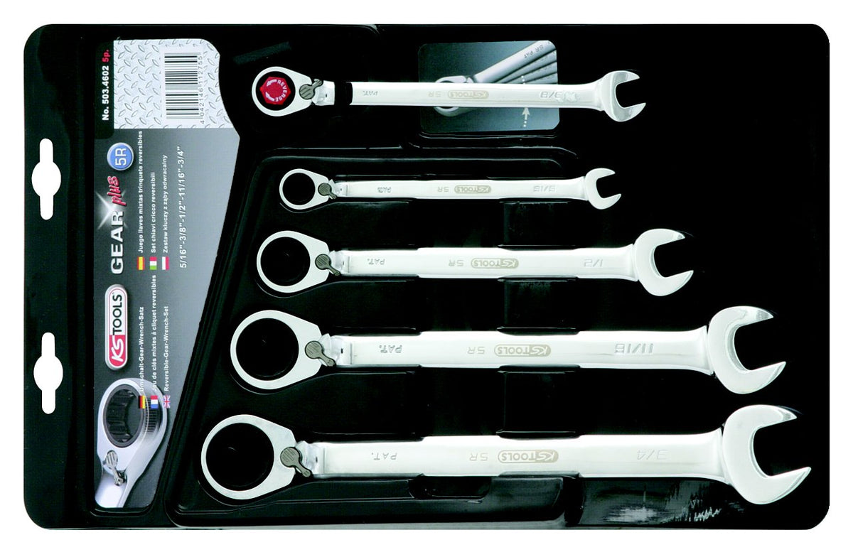 GEARplus Reversing combination ratcheting spanner set, 5 pcs, 5/16"-3/4"