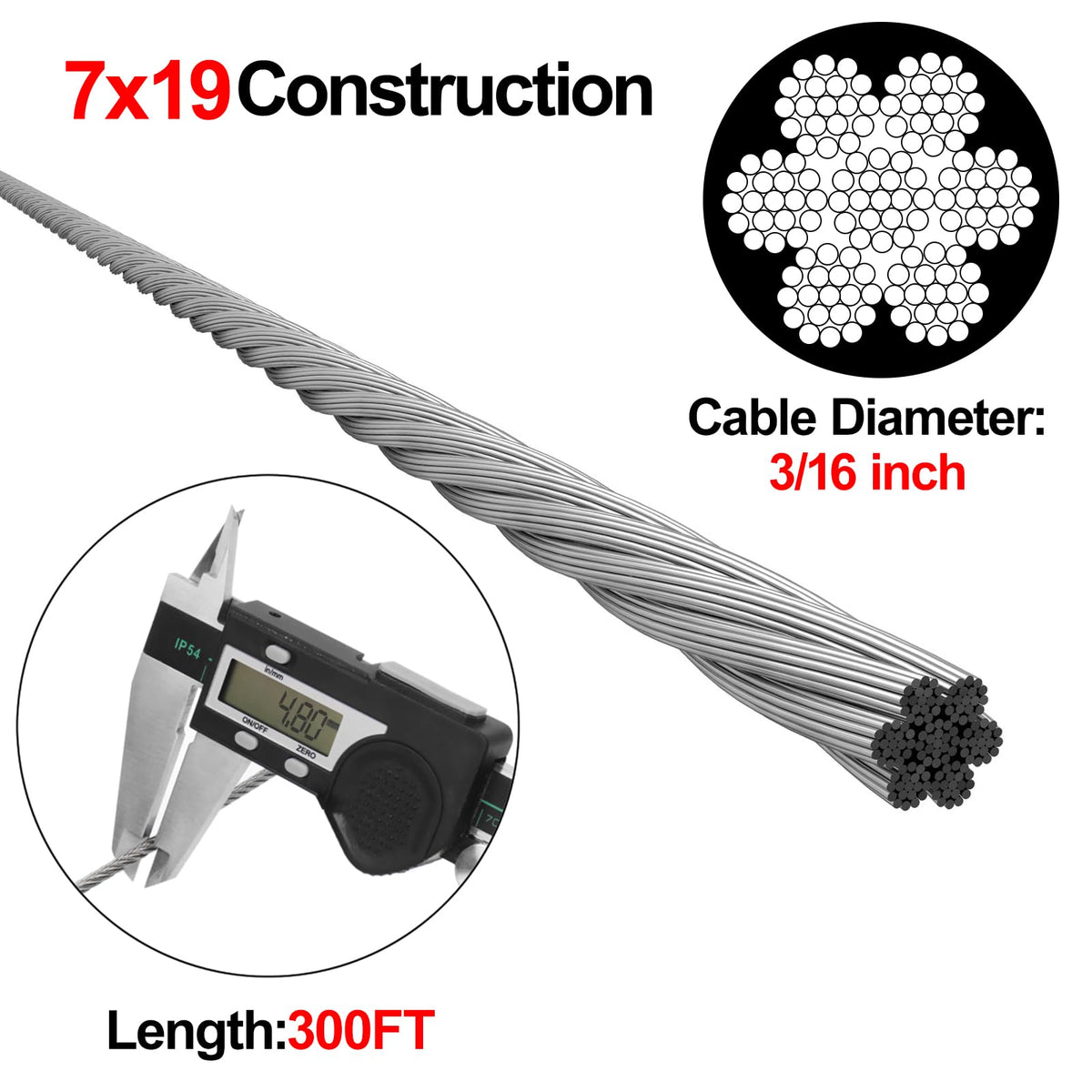 BLIKA 300FT 3/16" Stainless Steel Cable,10 Ton Hydraulic Crimping Tool with Cable Cutter and 20 Pack 3/16" 180 Degree Adjustable Angle Swage Threaded Stud Tension E