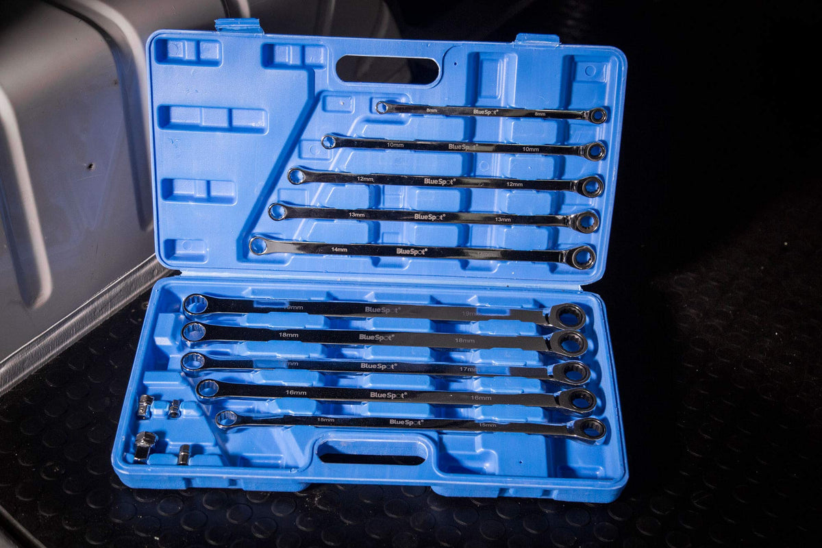 BlueSpot Tools 04307 10PCE Extra Long Ratchet Spanner and Adaptor Set (8-19mm)