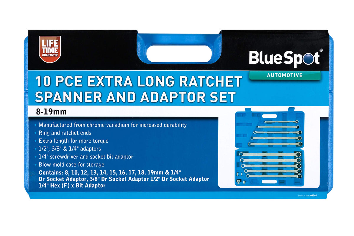 BlueSpot Tools 04307 10PCE Extra Long Ratchet Spanner and Adaptor Set (8-19mm)