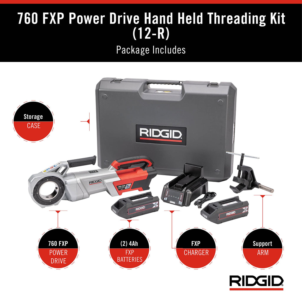 RIDGID 760 FXP Cordless Power Drive with 11-R Tool, 2 Batteries, Charger, Support Arm, and Case, Battery-Powered Pipe Threading Machine