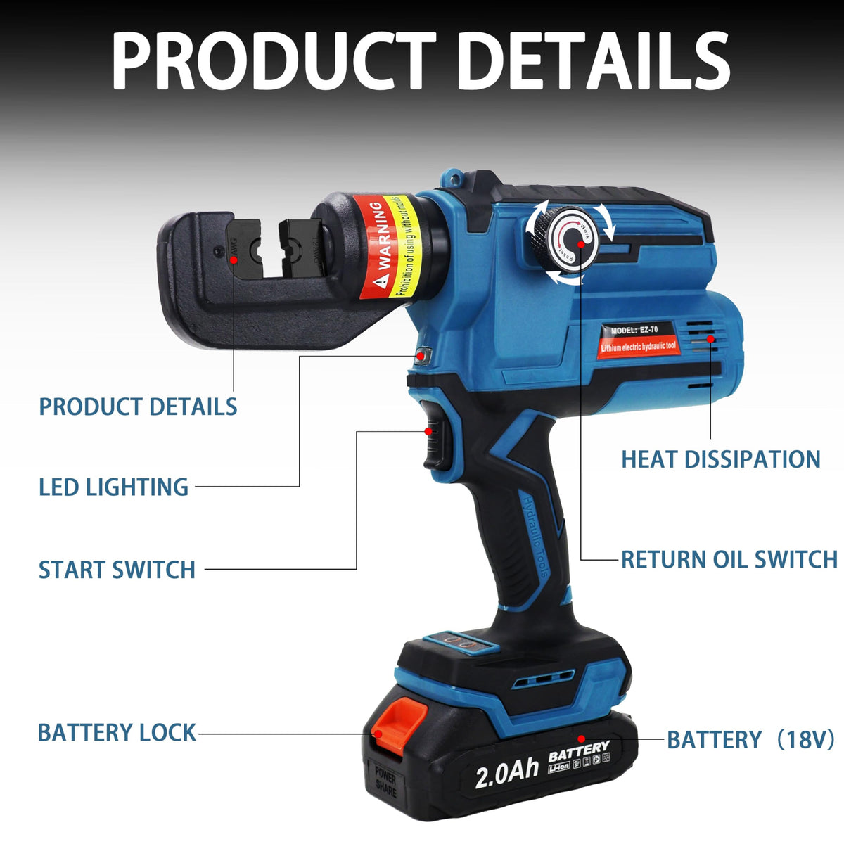 Electric Hydraulic Cable Lug Crimping Tool, 12 AWG to 2/0 AWG Terminal, Cable, Wire Electric Crimper Tool Kit, Battery Crimp Tool Kits with 20 Dies(12AWG~00AWG) and Spare tools