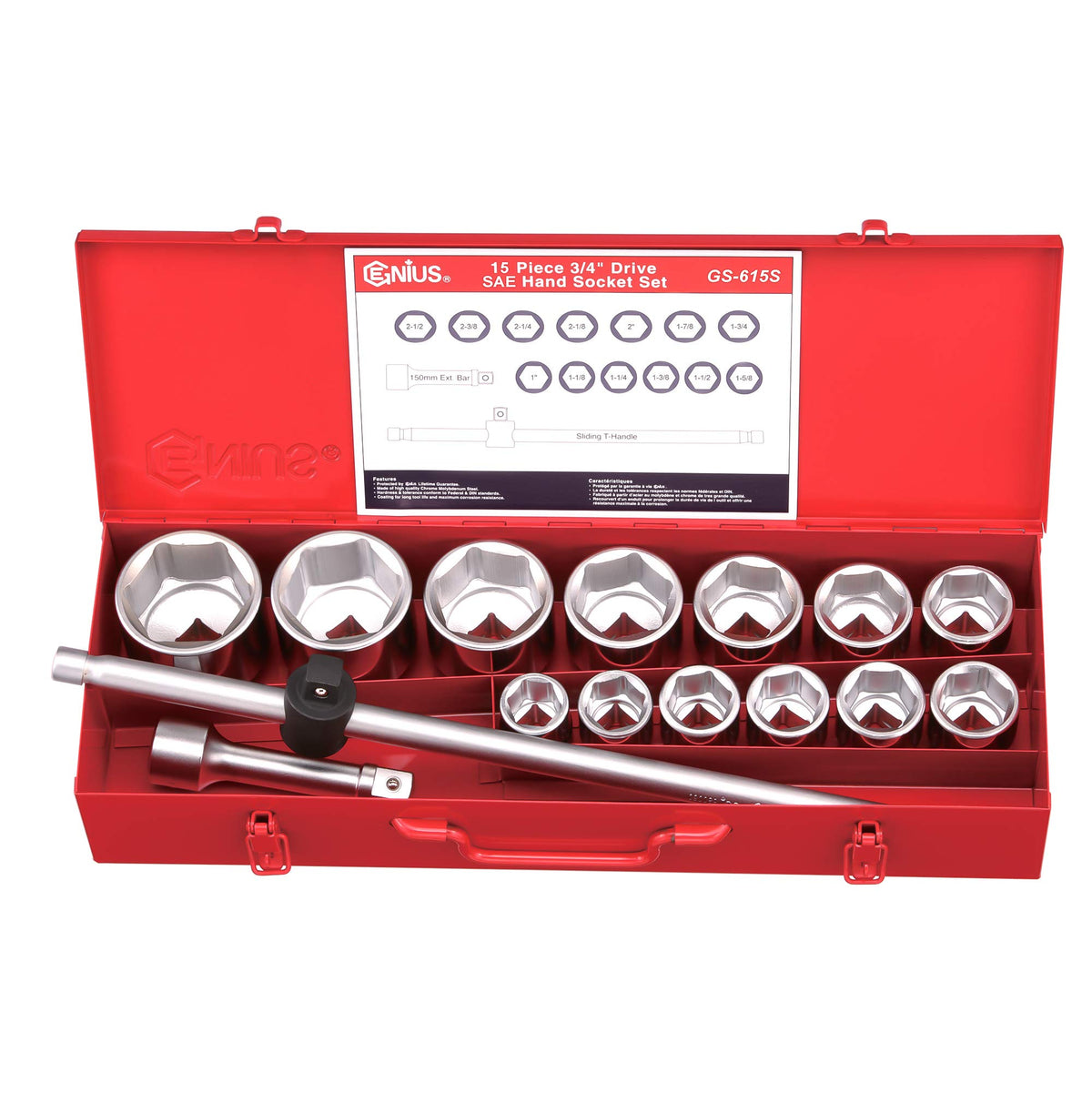Genius Tools 15PC 3/4" Dr. SAE Hand Socket Set (CR-Mo) - GS-615S