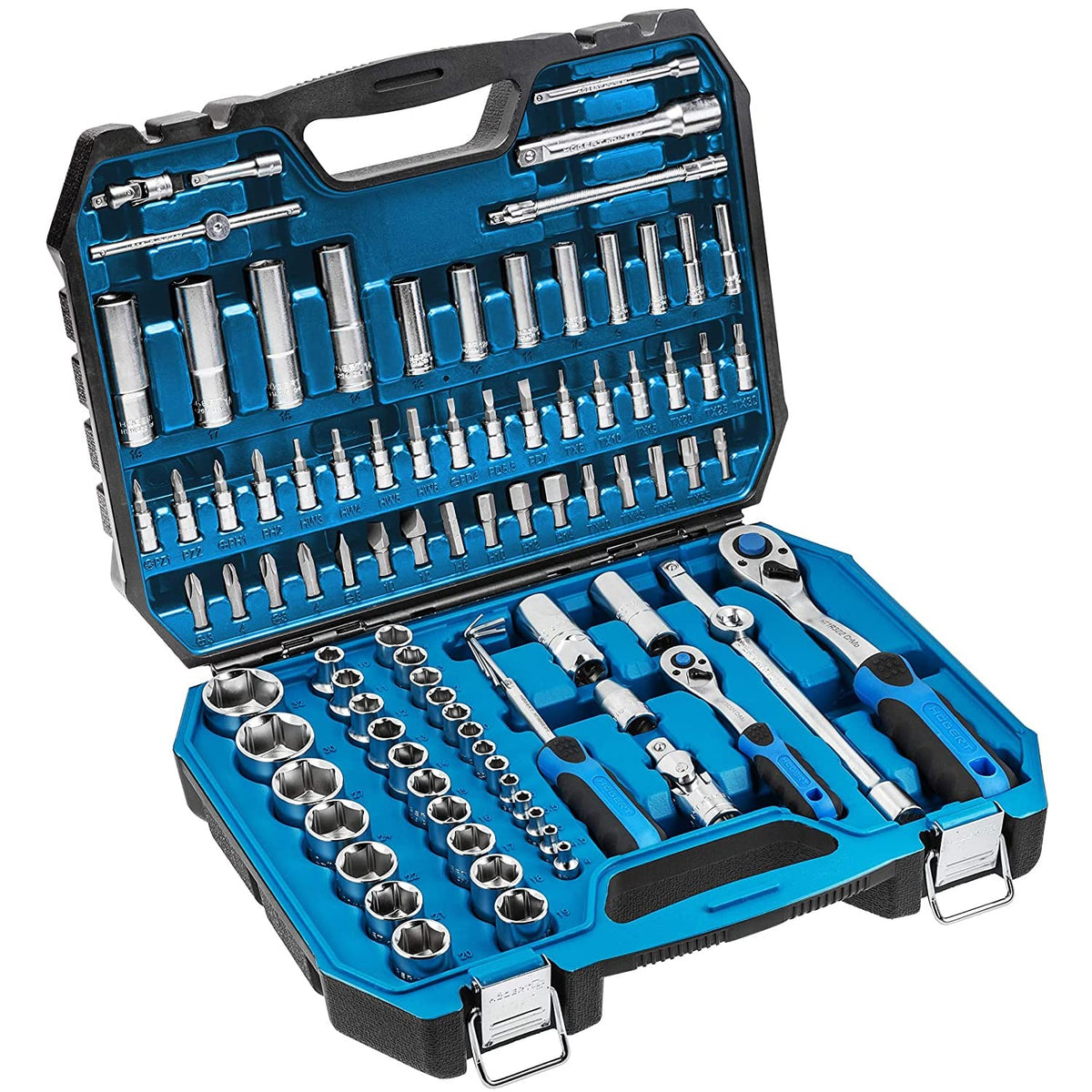 Högert Technik - Tool Set I Socket Spanners, Bits and Accessories I 1/4 Inch and 1/2 Inch I Alloy Cr-V Steel I Drop Forged I Ratchet Mechanism with 72 Pawls I HT1R424-89 Pieces