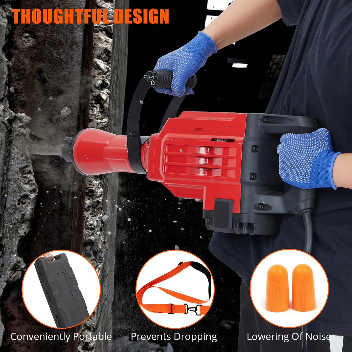 3600W Electric Jack Hammer Demolition Tool Kit, Heavy-Duty Concrete Breaker, Quick Chuck Assembly, 6-Piece Set, and Tool Case