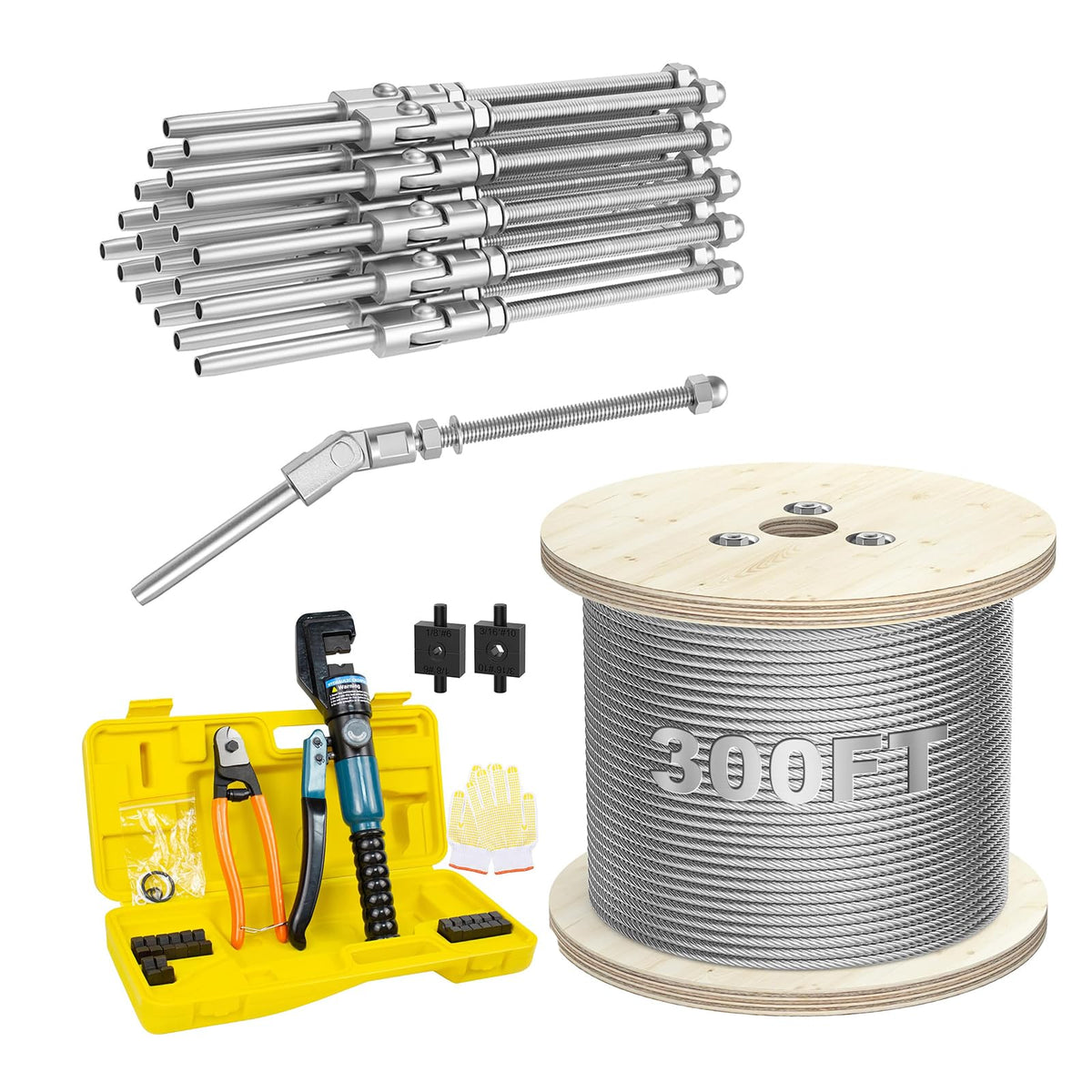 BLIKA 300FT 3/16" Stainless Steel Cable,10 Ton Hydraulic Crimping Tool with Cable Cutter and 20 Pack 3/16" 180 Degree Adjustable Angle Swage Threaded Stud Tension E