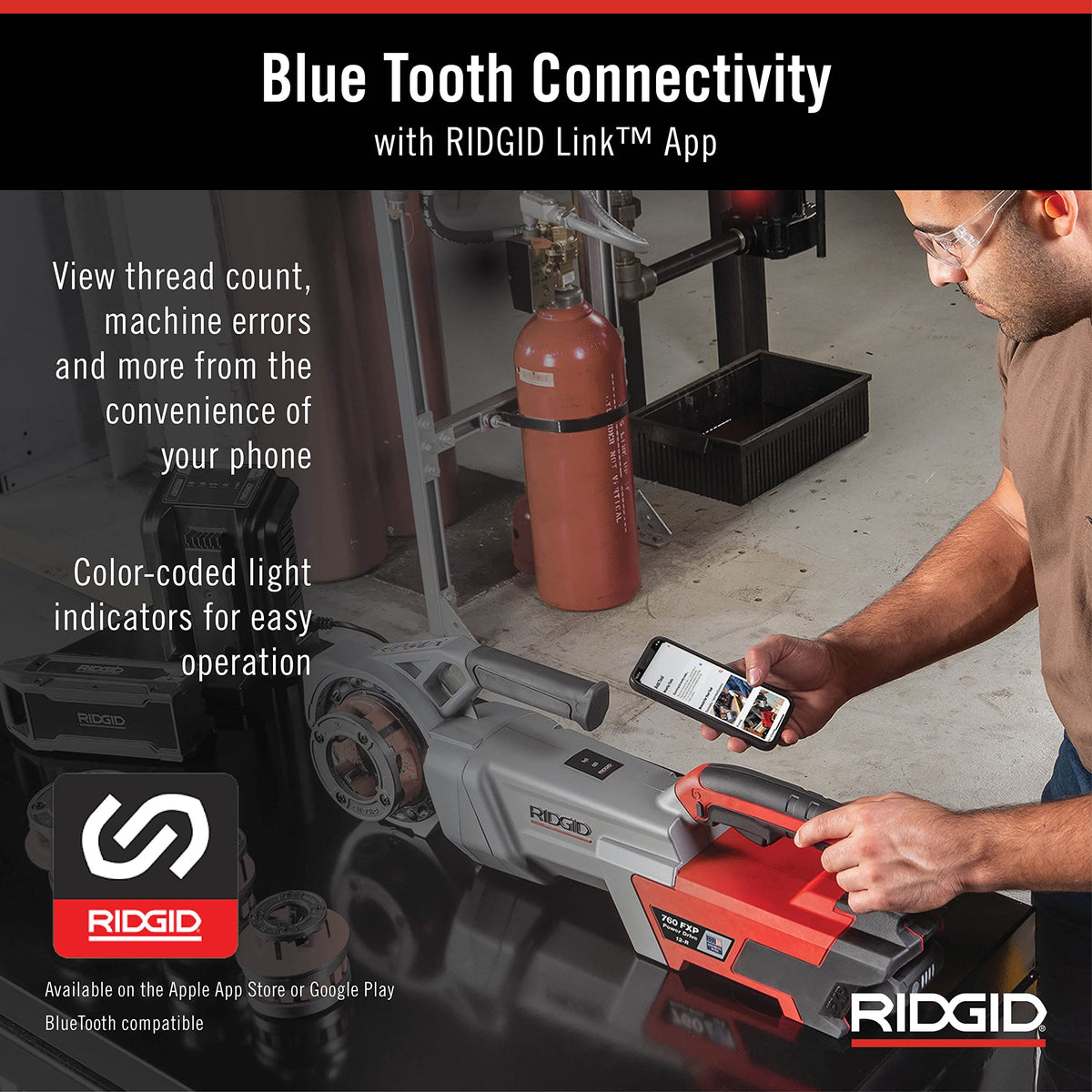 RIDGID 760 FXP Cordless Power Drive with 11-R Tool, 2 Batteries, Charger, Support Arm, and Case, Battery-Powered Pipe Threading Machine