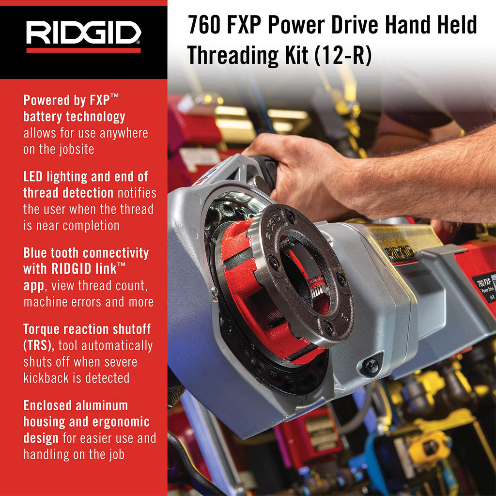 RIDGID 760 FXP Cordless Power Drive with 11-R Tool, 2 Batteries, Charger, Support Arm, and Case, Battery-Powered Pipe Threading Machine