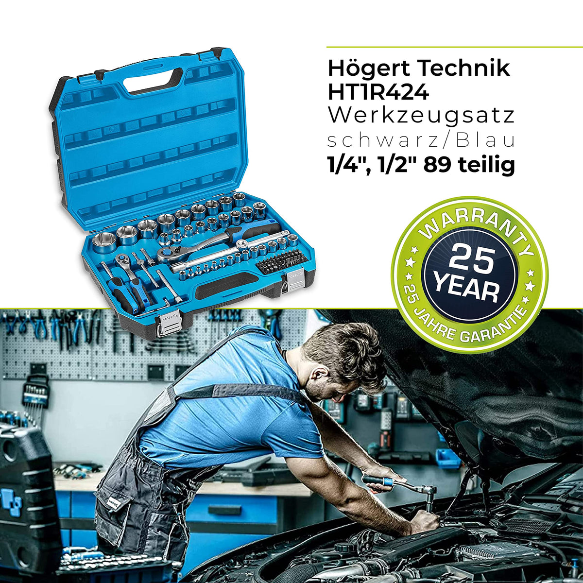 Högert Technik - Tool Set I Socket Spanners, Bits and Accessories I 1/4 Inch and 1/2 Inch I Alloy Cr-V Steel I Drop Forged I Ratchet Mechanism with 72 Pawls I HT1R424-89 Pieces